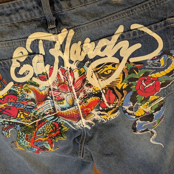 Ed Hardy Y2K Baggy Multi Tattoo Cropped Jeans Heart Dragon Tiger Snake Koi Sz 32 - Picture 3 of 14